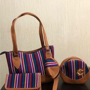 Colorful Stripe Tote Bag with Tan Trim - Women Bags